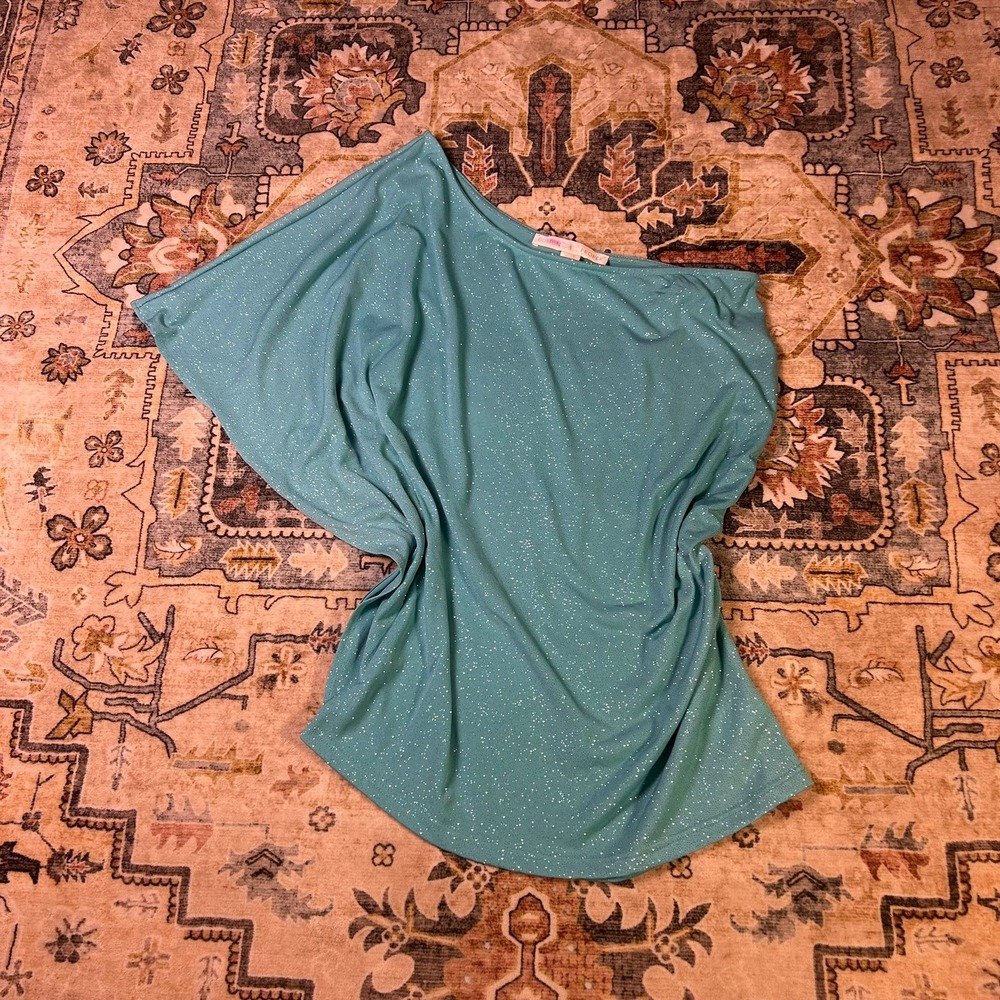 Y2K Boston Proper Teal Blue Glitter One Shoulder Ruched Asymmetrical Top Small